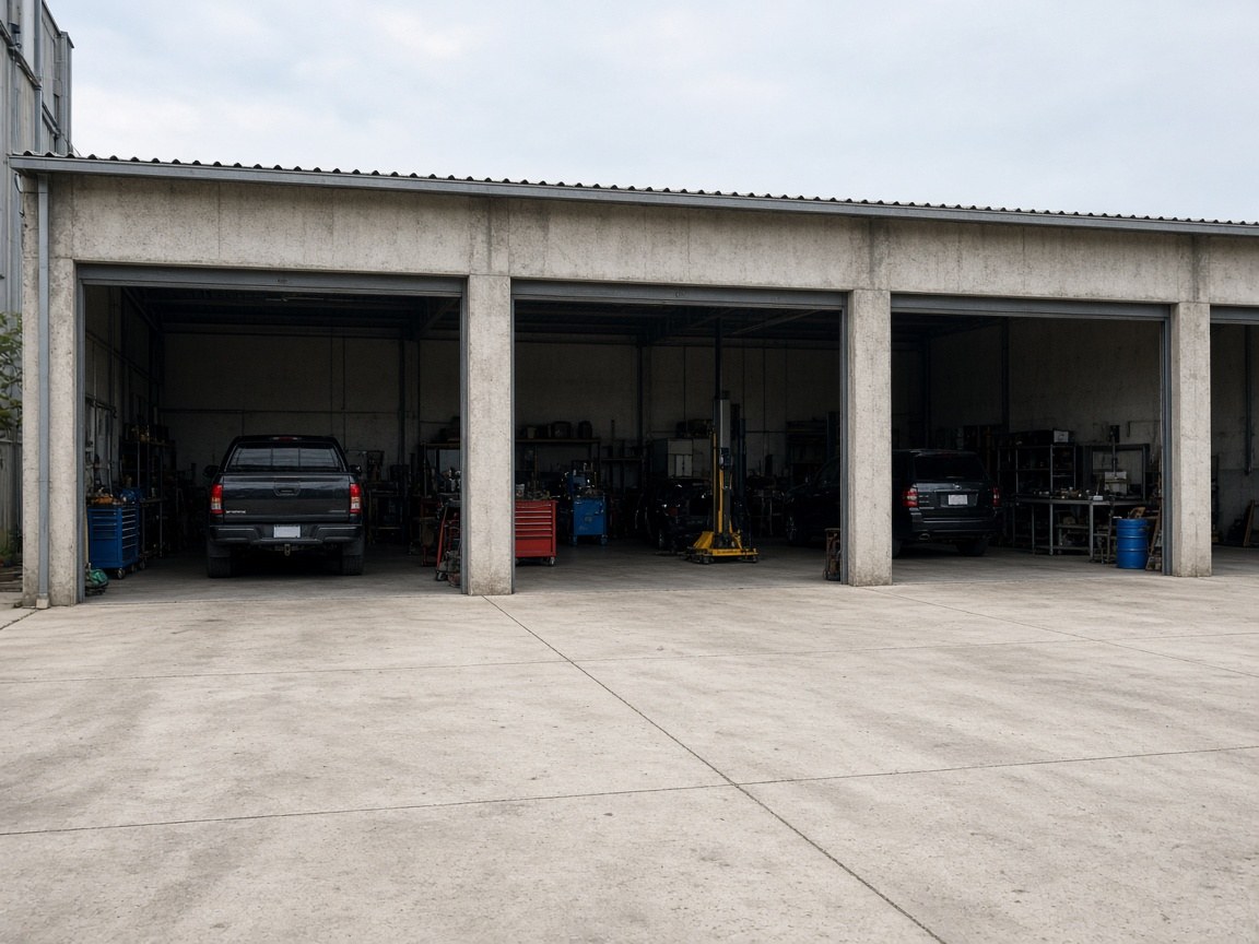 Service bay viewed from the doorway with a lift in use