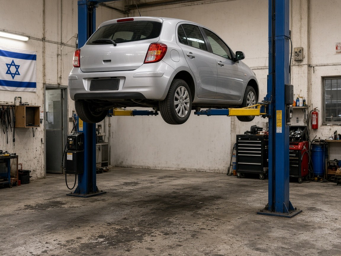 Saloon raised on a two-post lift for underbody work
