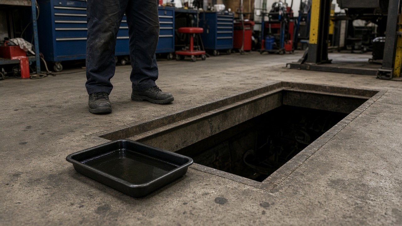 Open inspection pit with a car overhead at Rishon Motor Bay