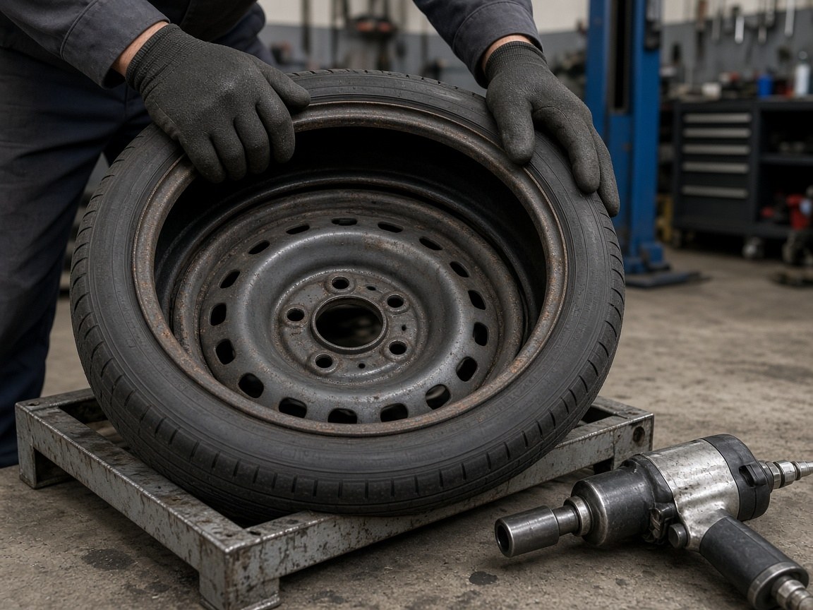 Tyre and wheel set aside during a brake and running-gear check